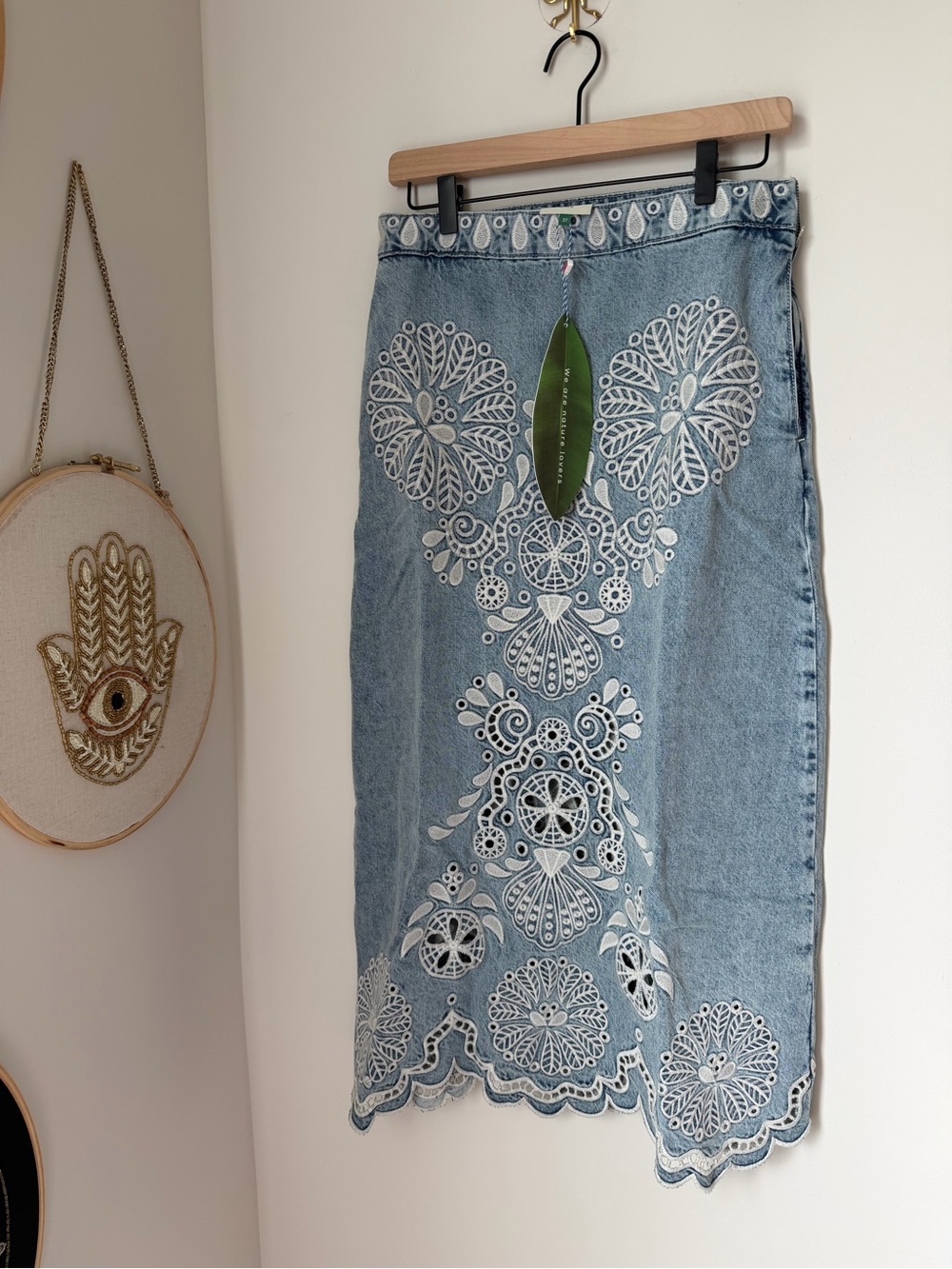 FARM Rio Light Blue Denim Richelieu embroidered wavy hem cotton midi skirt